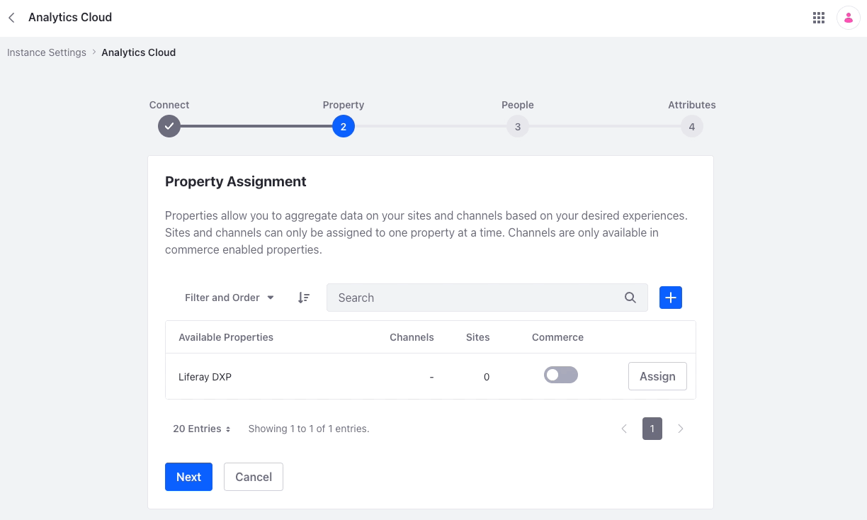 Select sites and channels to sync with Analytics Cloud.