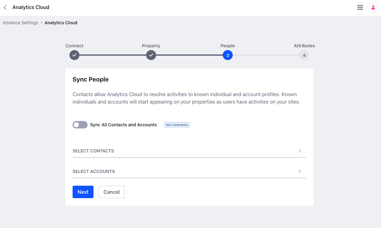 Select the contact data you want to sync with Analytics Cloud.