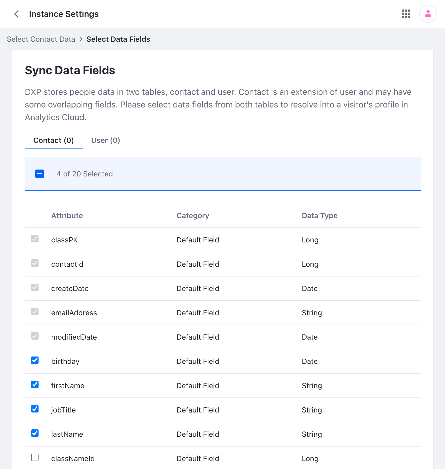Select the fields you want to sync from the list.