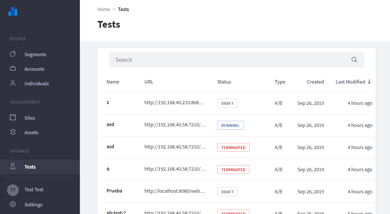 The Tests menu displays all A/B tests created and defined for a site.
