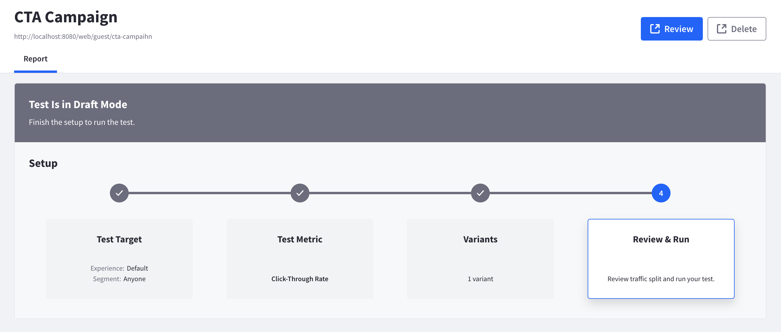 The A/B test is configured and ready to run.