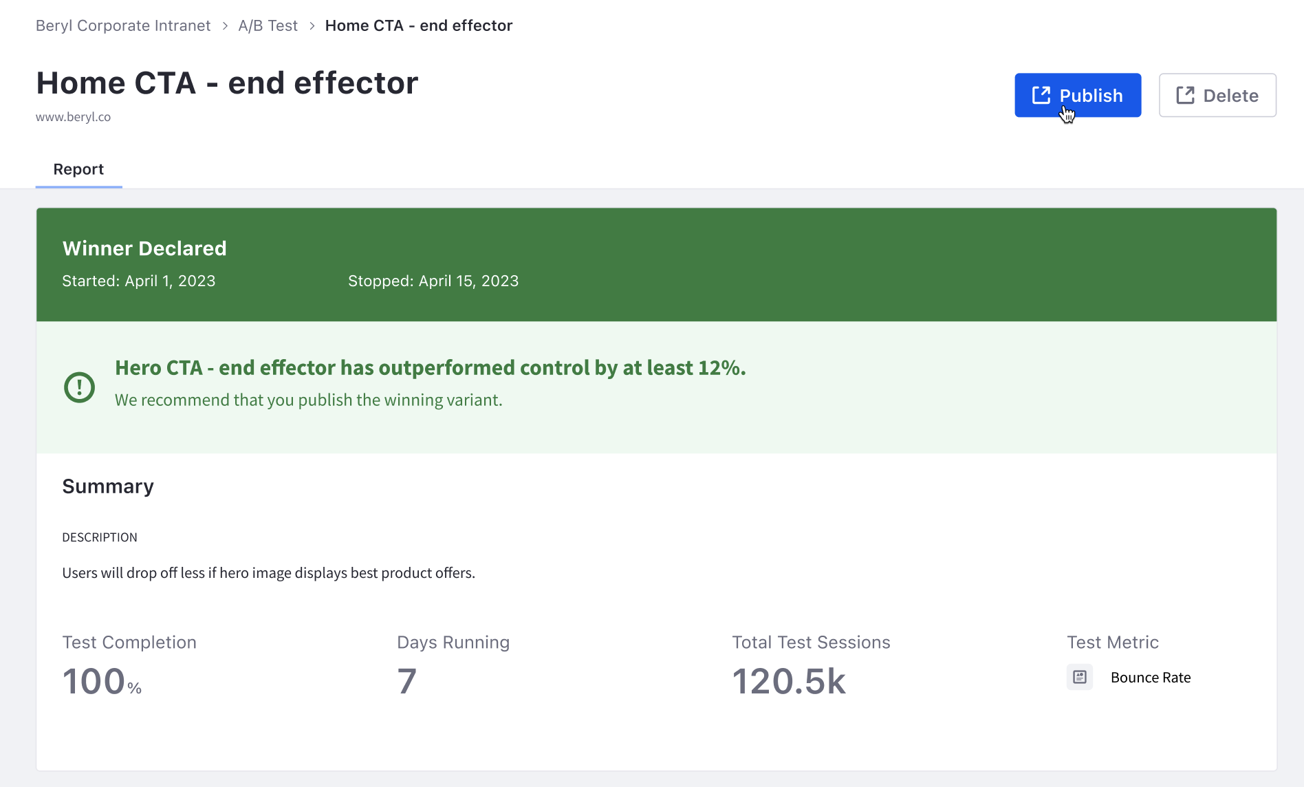 You can publish a winner after the completion of an A/B test.