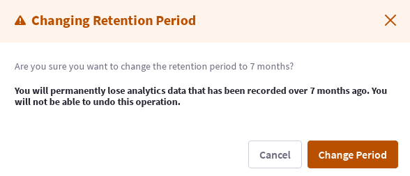 A pop-up window shows a warning when changing retention.
