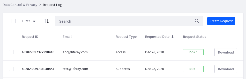 Create a new request or view previous requests.