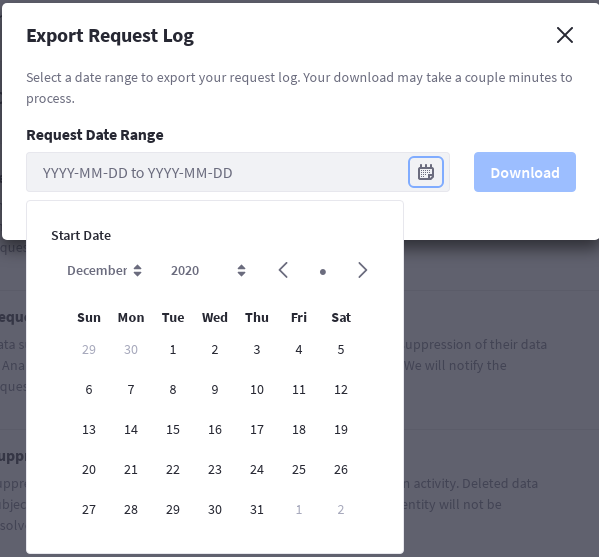 Click the Export Log button to download a log of previous requests.