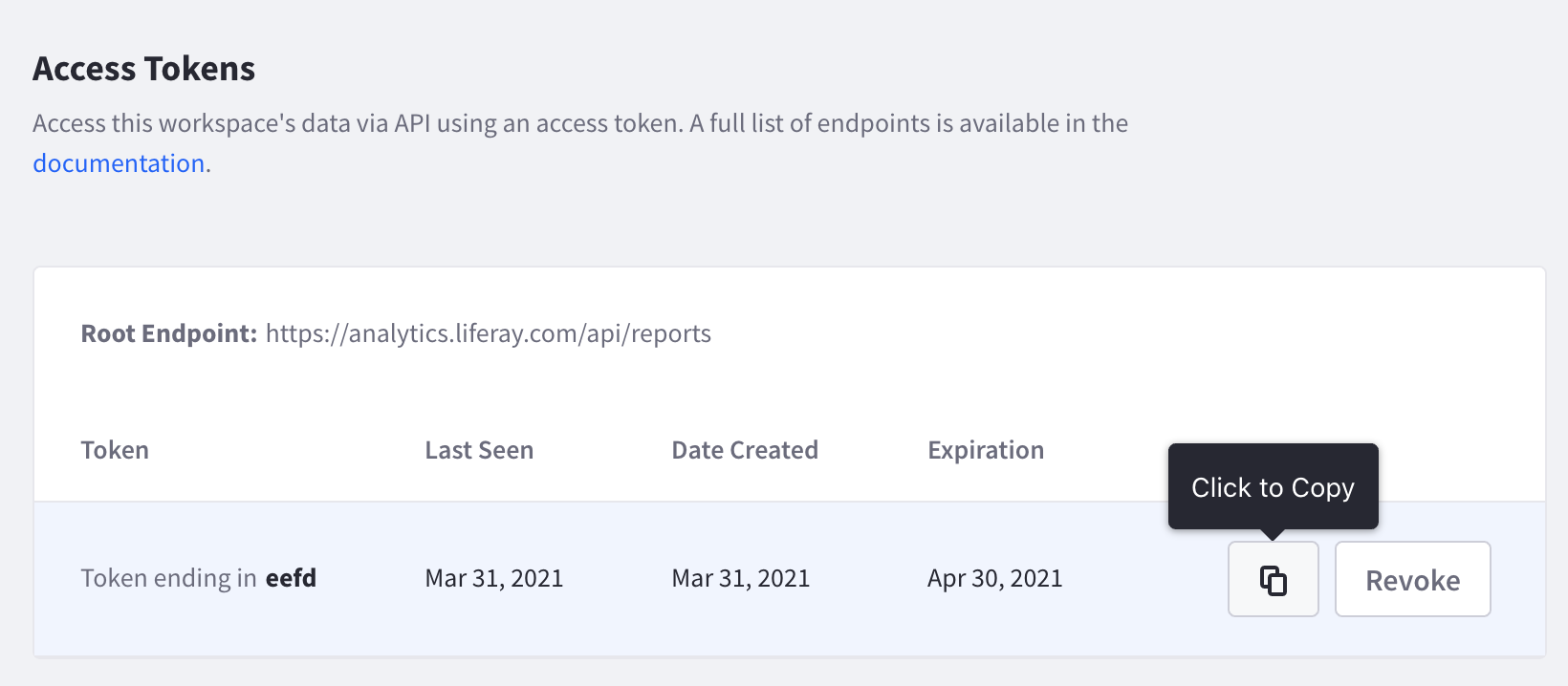 Click the copy icon to copy the access token.