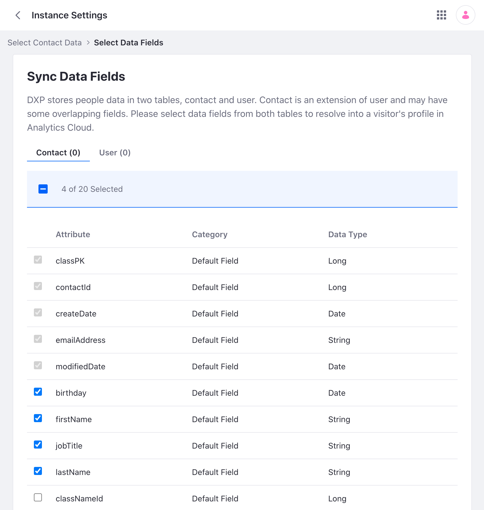 Fields are selected from the contacts table and the user table.