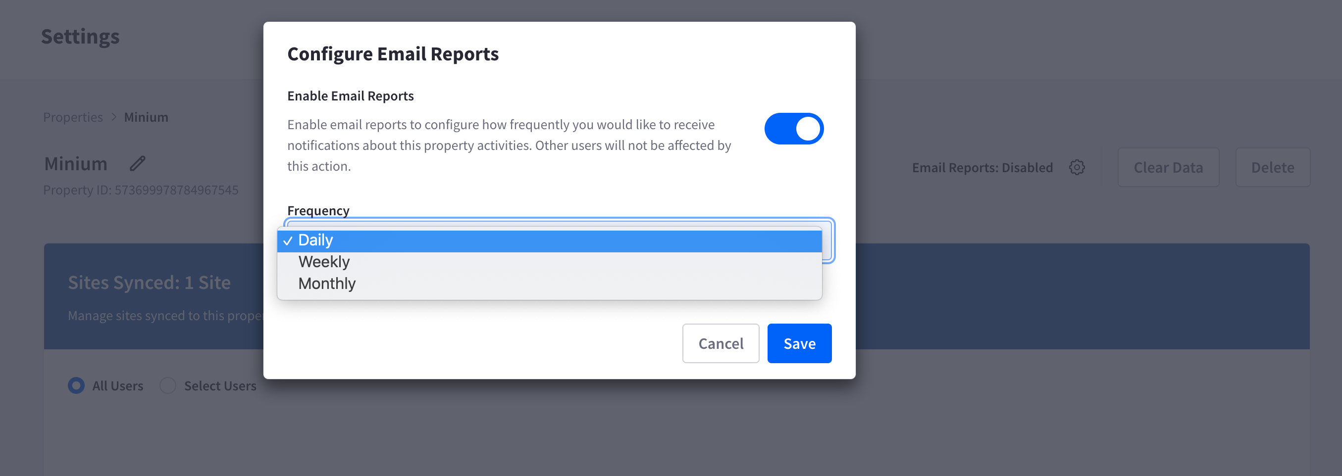 Toggle the switch to enable email reports and select a frequency.