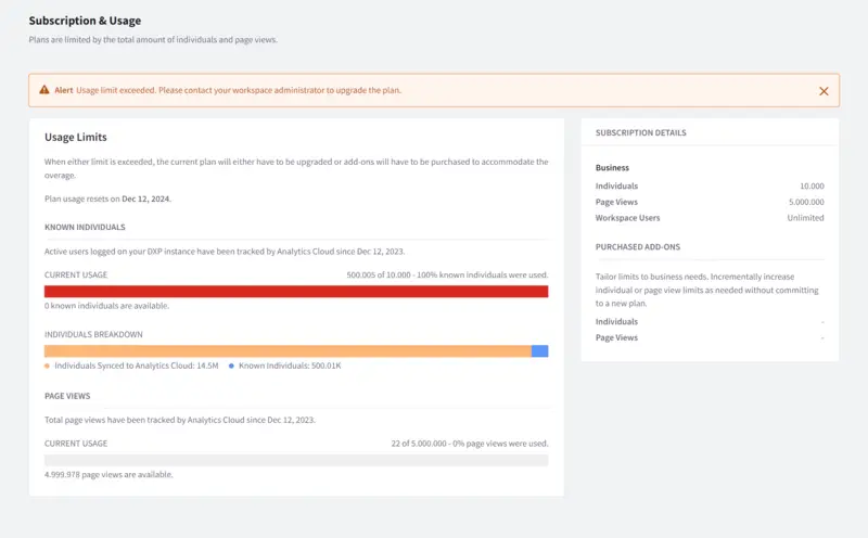 The Subscription & Usage page reports when you are approaching or exceeding plan limits.