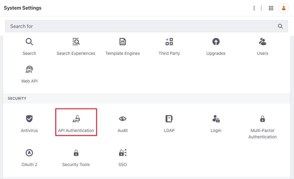 Select API Authentication to configure the access token.