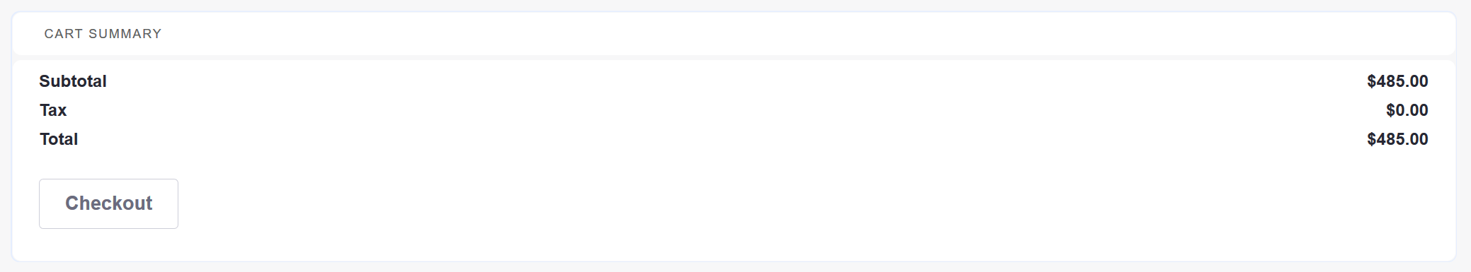 The Cart Summary widget displays the cart's subtotal, any applicable taxes, the total amount, and the Checkout button
