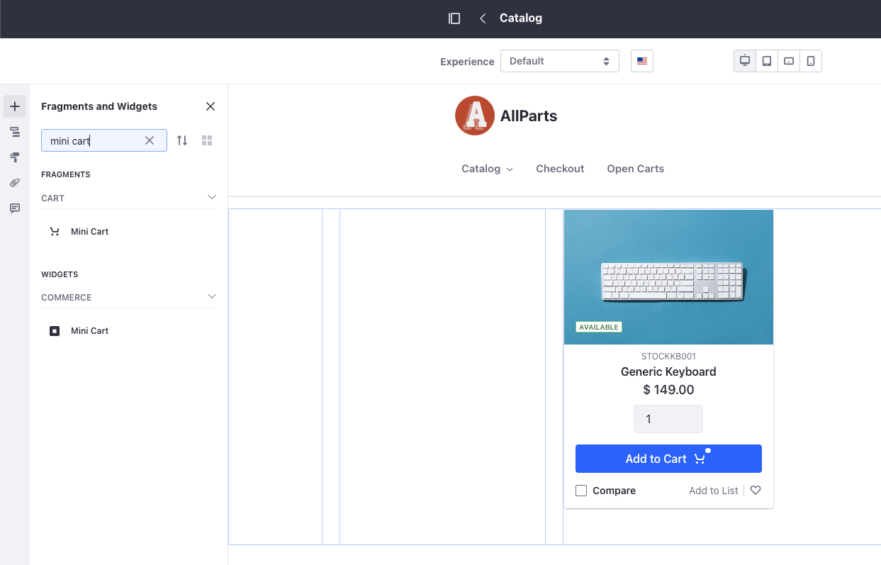 Search for the Mini Cart fragment from the Fragments and Widgets menu.