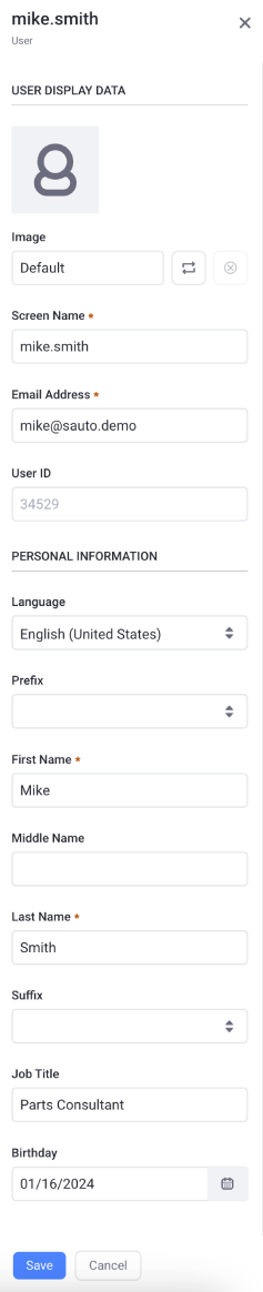 Edit information about the selected organization, account, or user from the side panel.