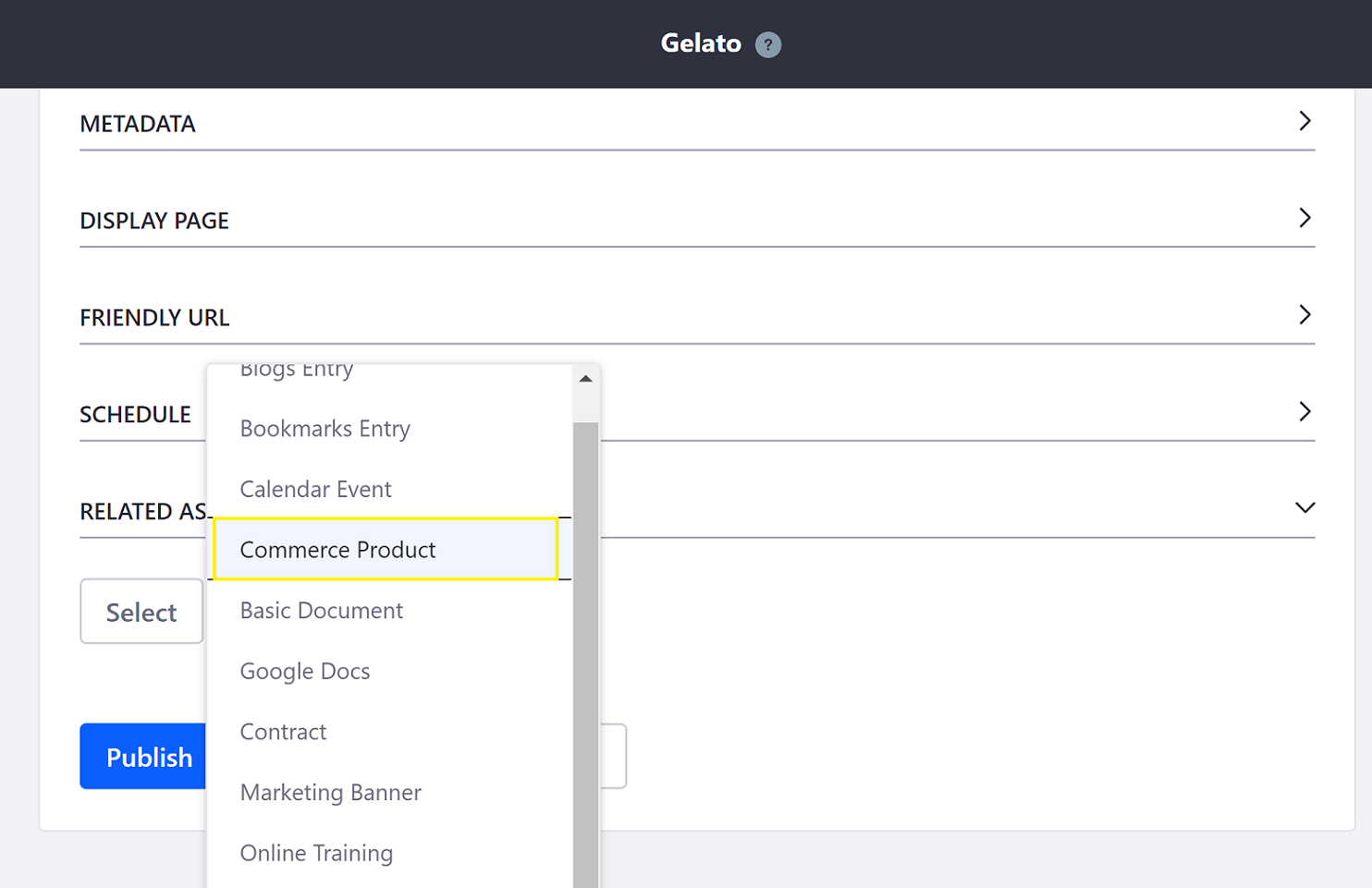 Select Commerce Product in the Related Assets section.