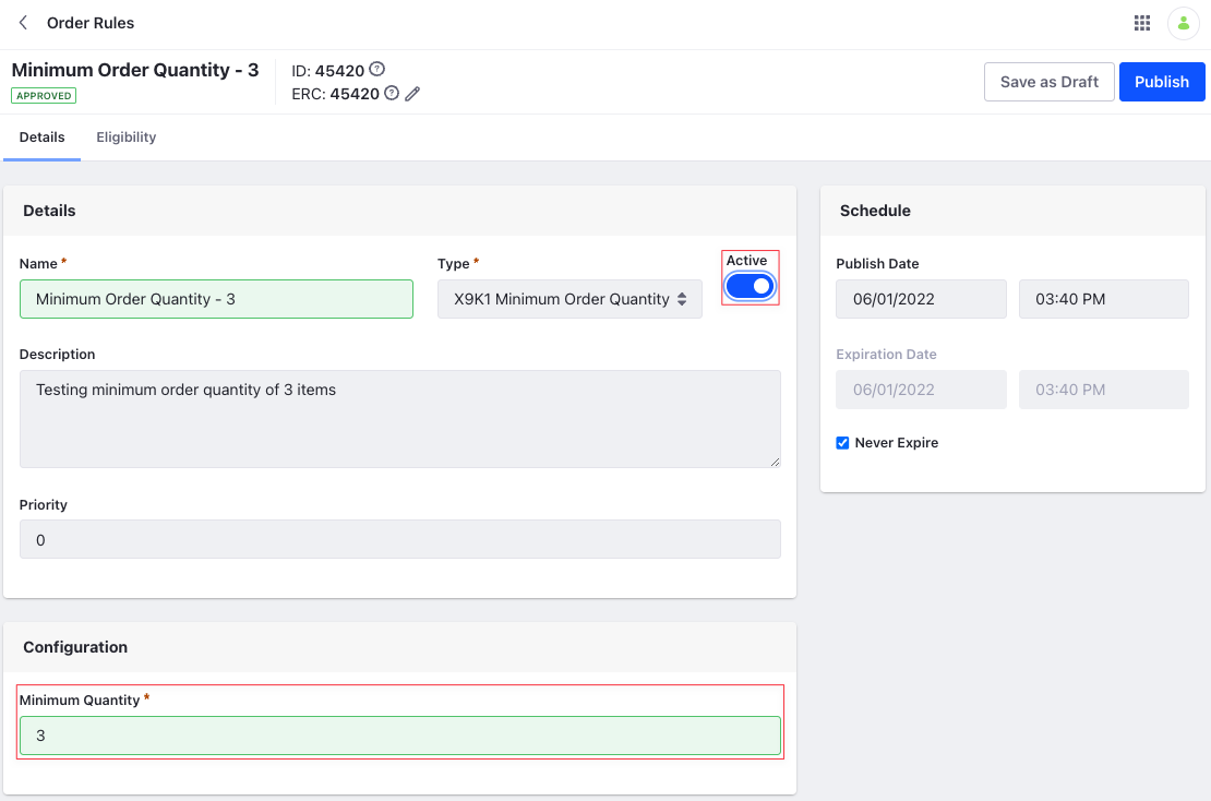 Set the minimum quantity to 3 and enable the new Order Rule using the Active toggle.