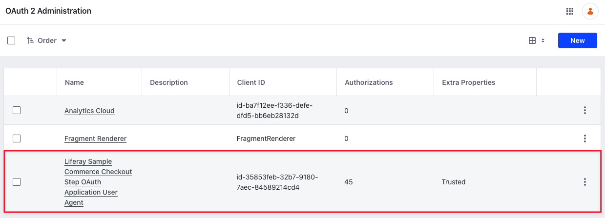 The Liferay Sample Commerce Checkout Step OAuth Application User Agent is added when you deploy the client extension.