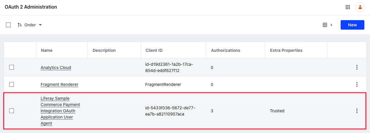 The Liferay Sample Commerce Payment Integration OAuth Application User Agent is added when you deploy the client extension.