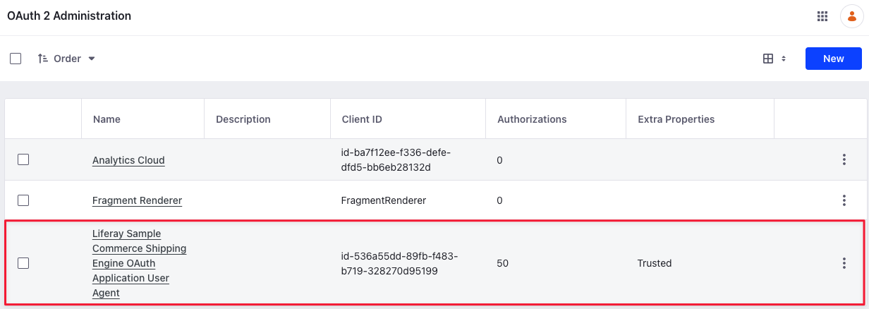 The Liferay Sample Commerce Shipping Engine OAuth Application User Agent is added when you deploy the client extension.