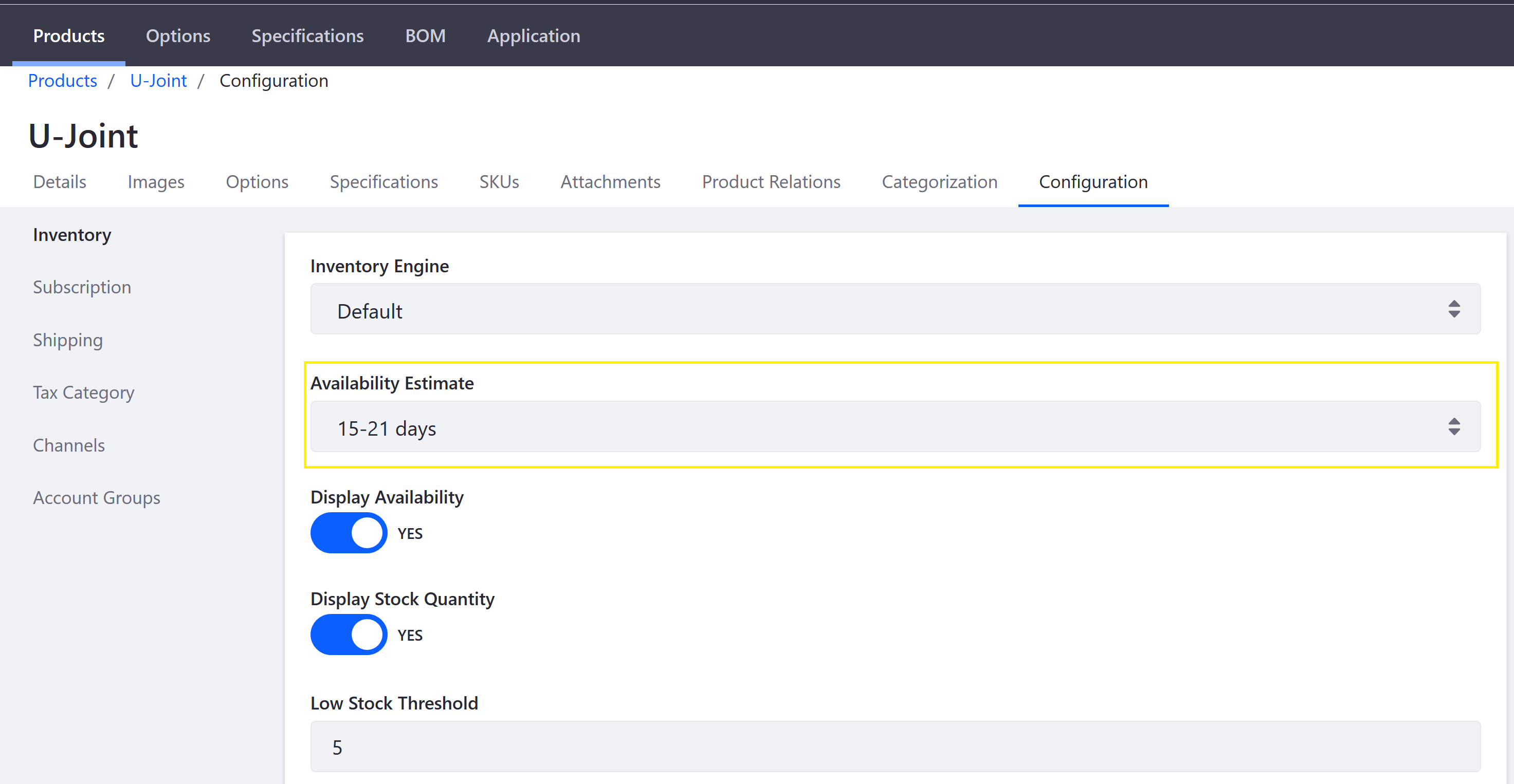 Activate the Display Availability toggle and select an availability estimate from the drop-down.