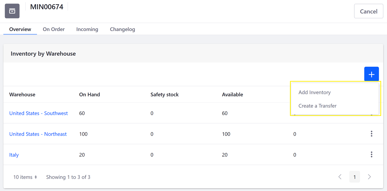 Add inventory or transfer inventory between warehouses.