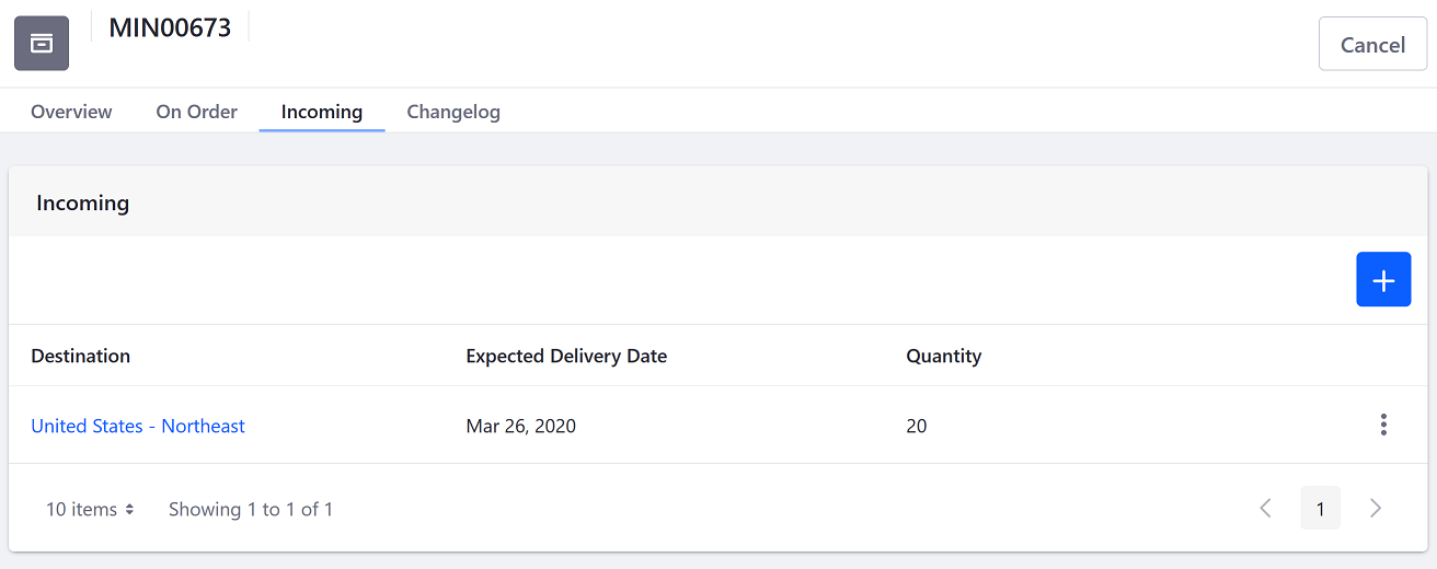 The Incoming tab lists warehouses with scheduled inventory replenishment for the SKU.