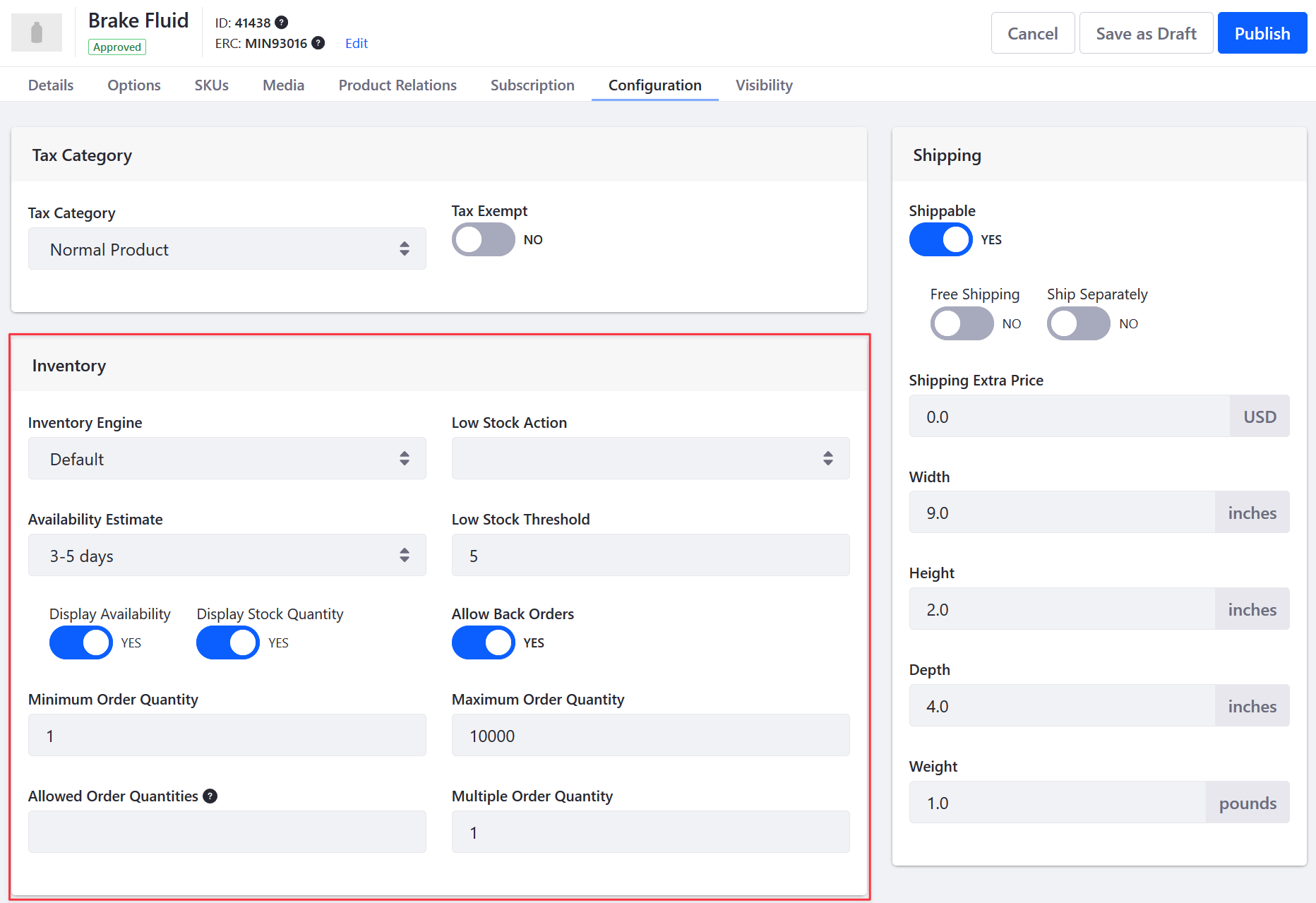 The available configuration options for the selected product.