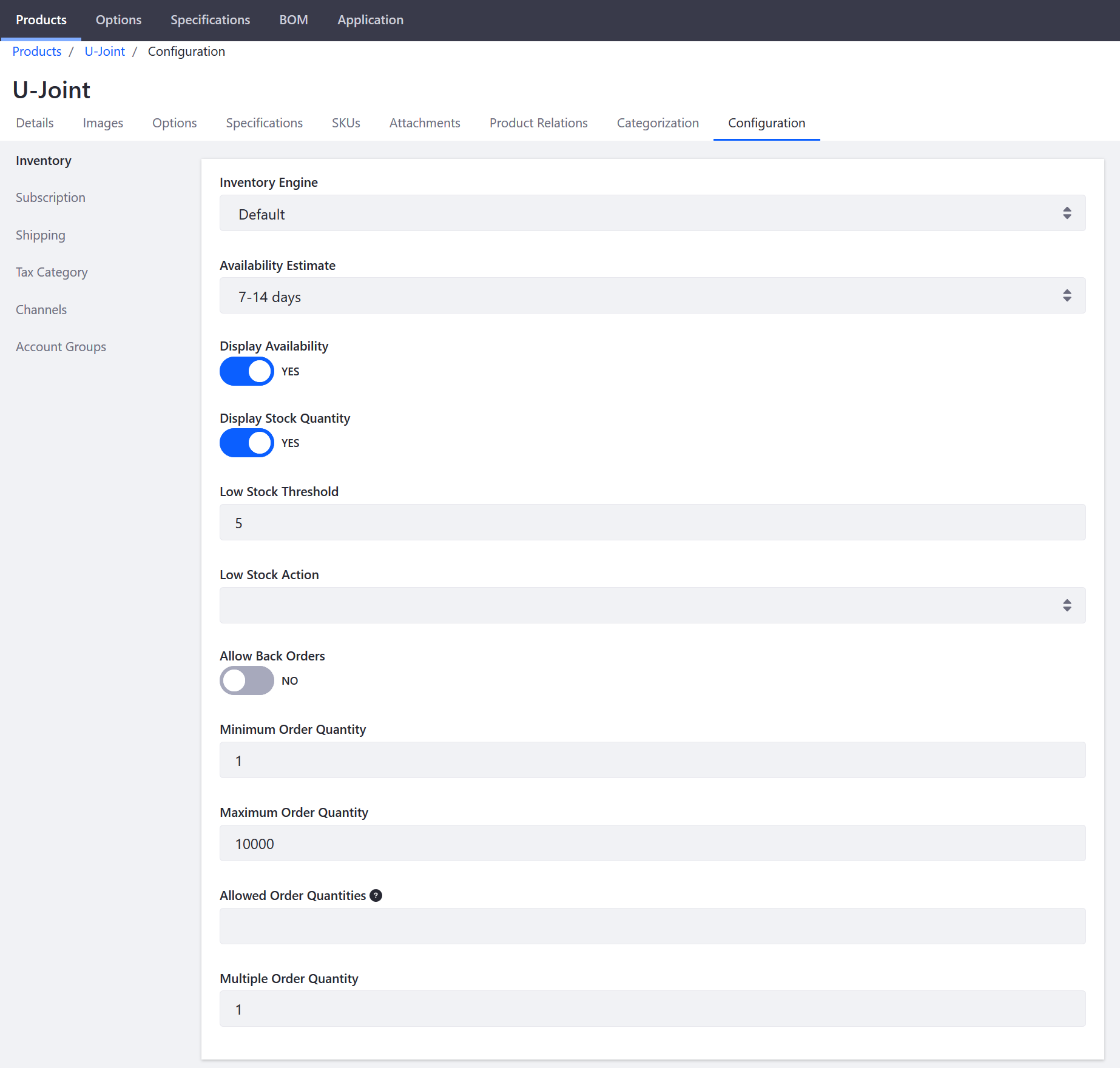 The Configuration tab shows available inventory options for the selected product.