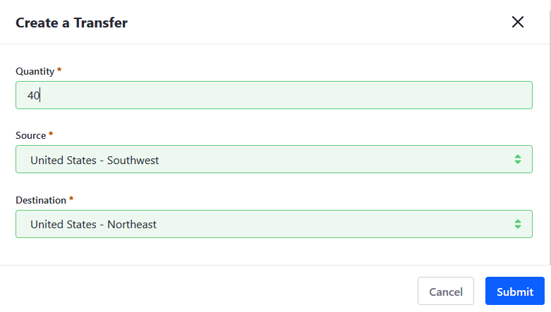 Enter the quantity, source, and destination to transfer stock.