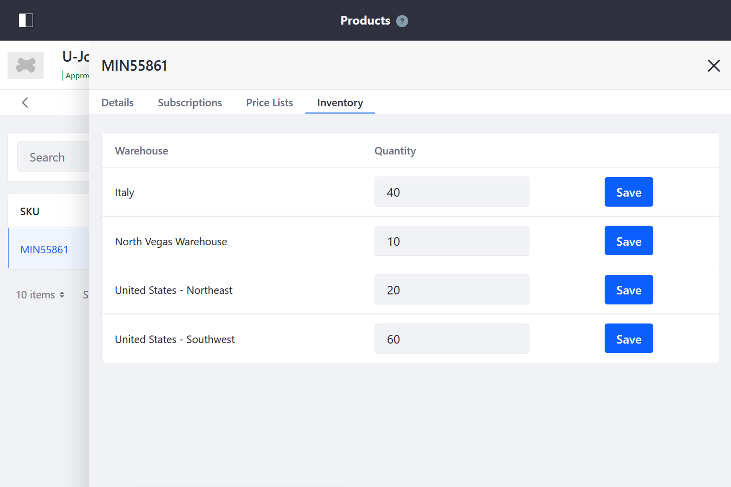 Enter the number of available units for an SKU in each warehouse.