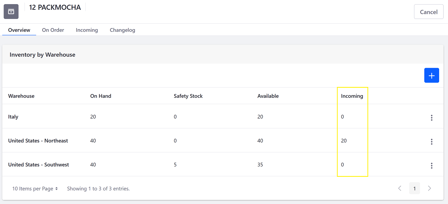 The incoming stock quantity appears on the SKU's Overview page.