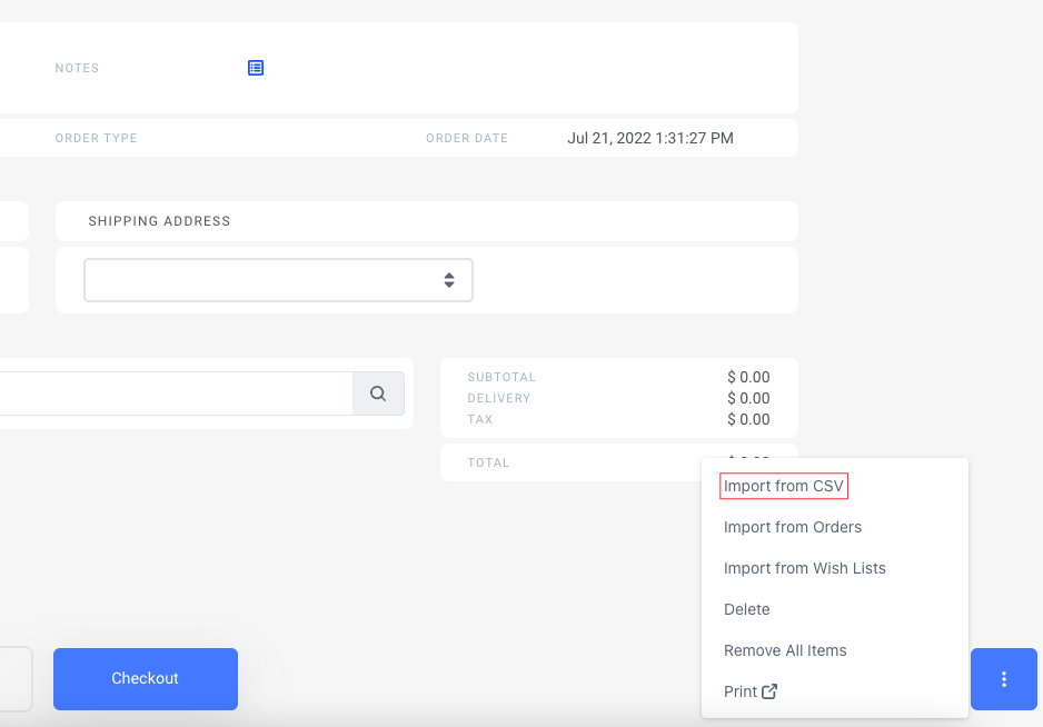 You can use the Import from CSV option to import orders from a CSV file.