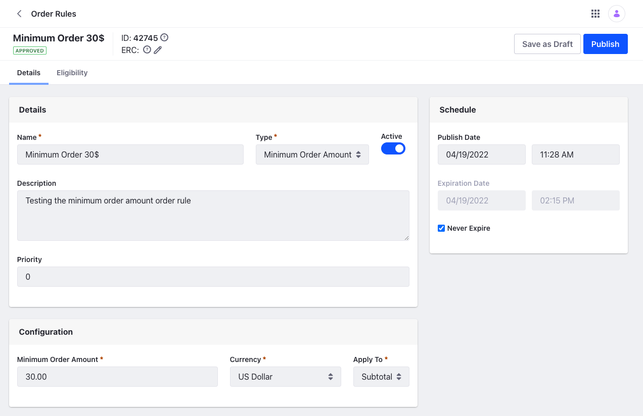 The Order Rule screen contains all you need to configure and activate Order Rules.