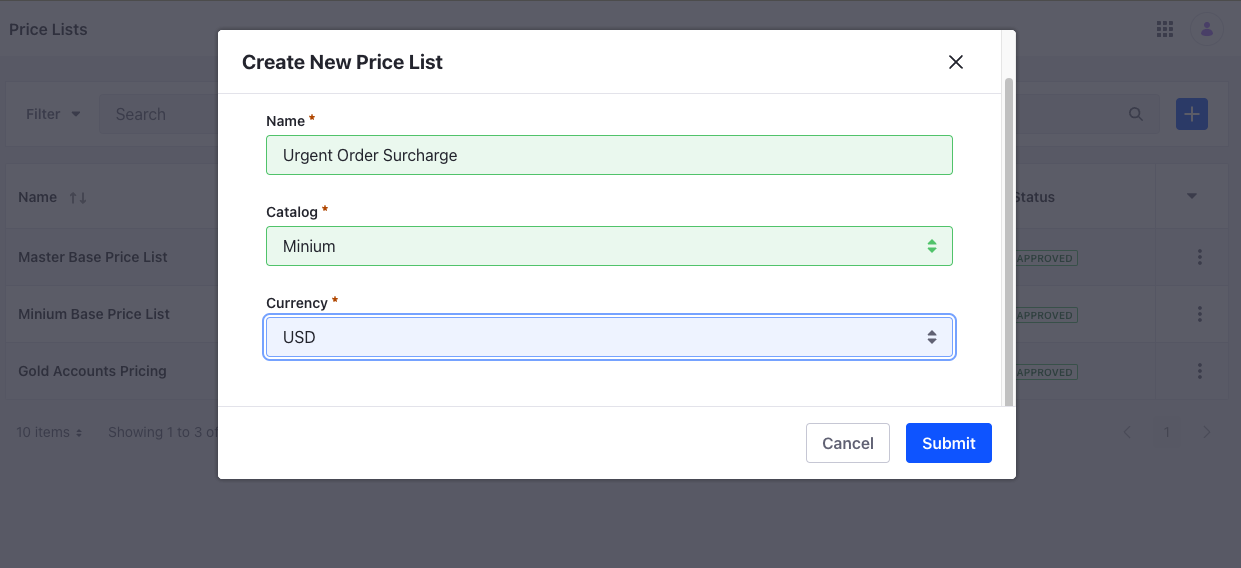Enter the name, catalog, and default currency and click Submit to create the Price List.