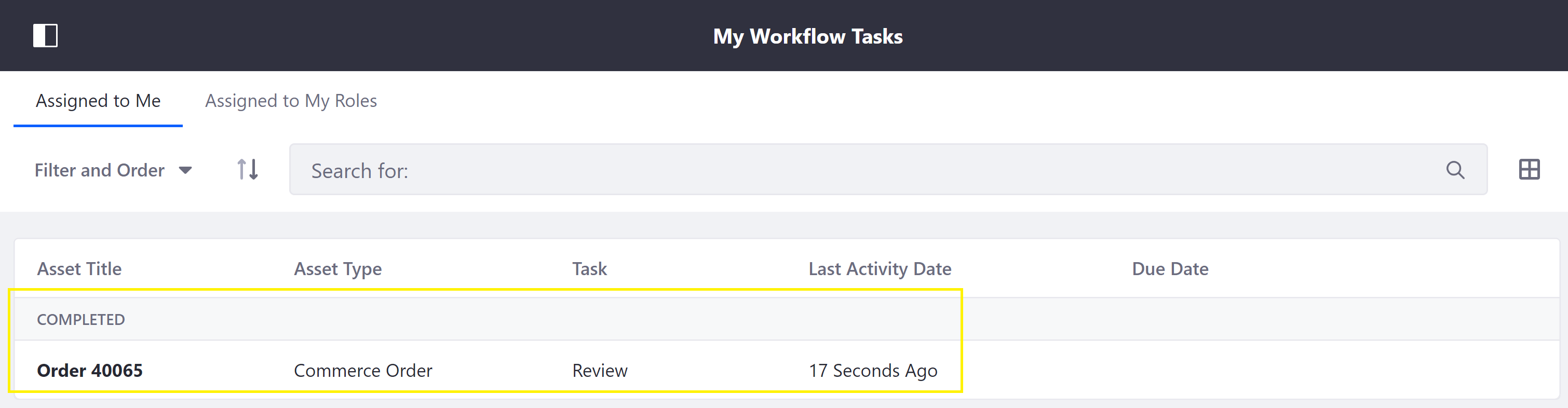 The approved order is listed in the My Workflow Tasks menu.