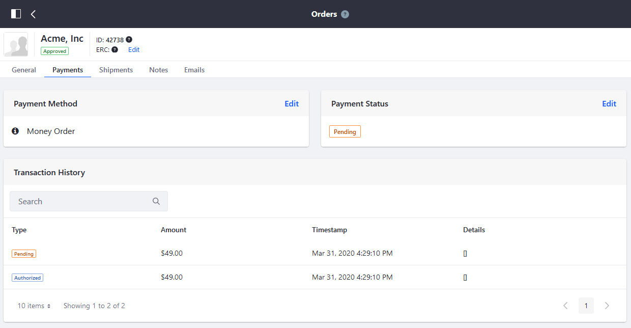 Orders Menu - Payments tab