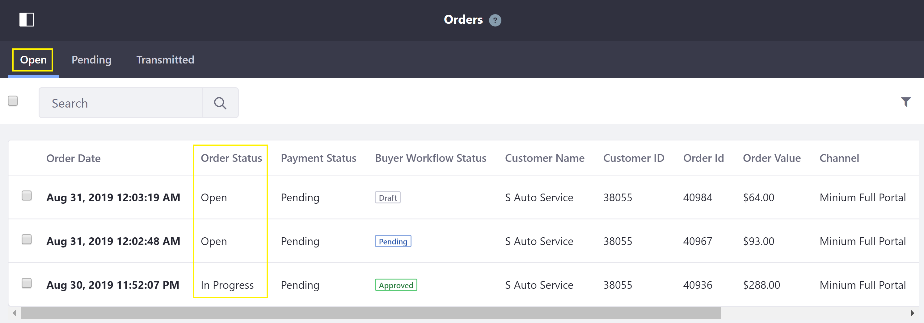 Order Status Open Tab