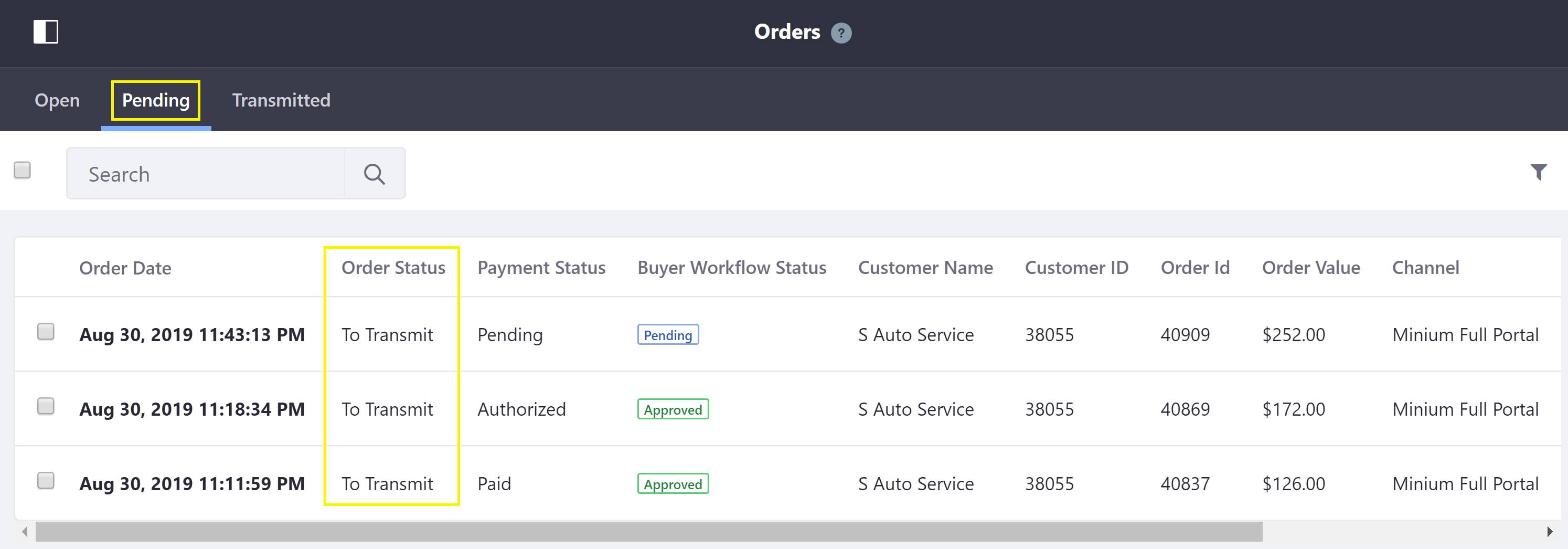 Order Status Pending Tab