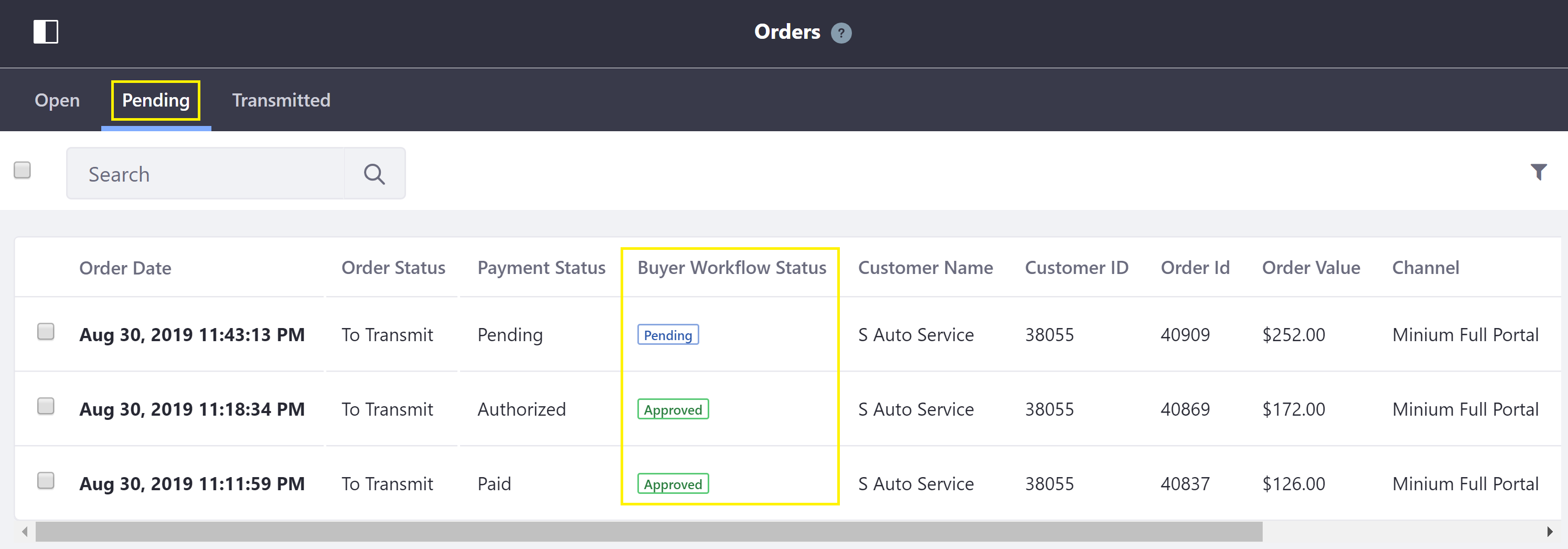 ワークフローステータスの［Pending］および［送信済み］タブ