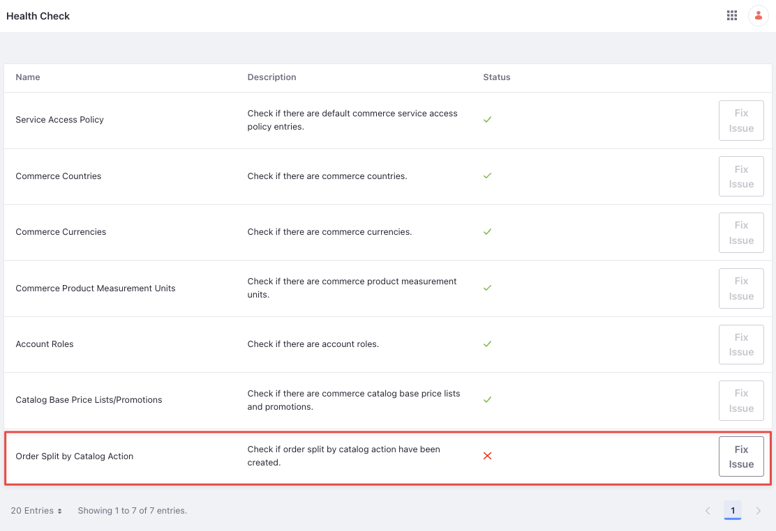 Create the commerce order object action automatically using the health check.