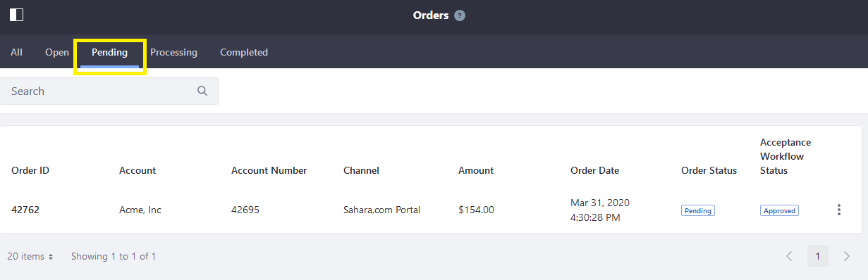 Orders menu - Pending tab