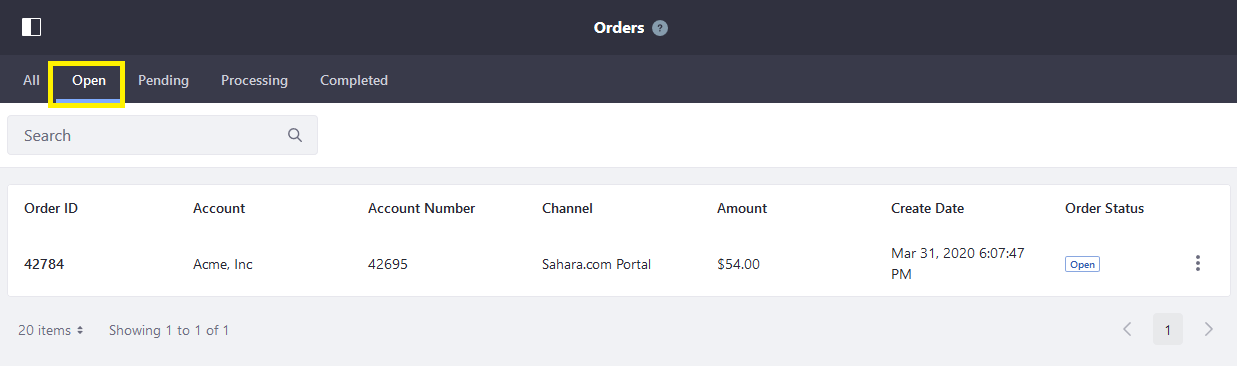 Orders menu - Open tab