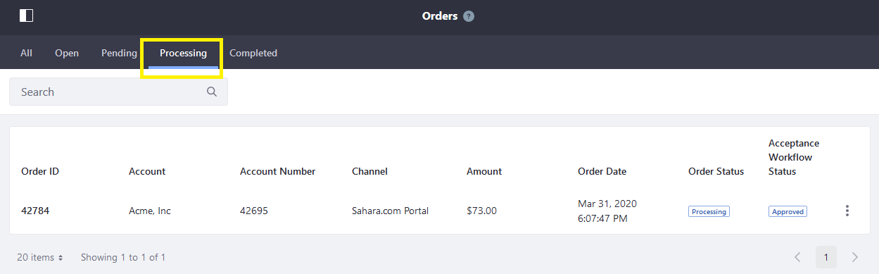 Orders menu - Pending tab