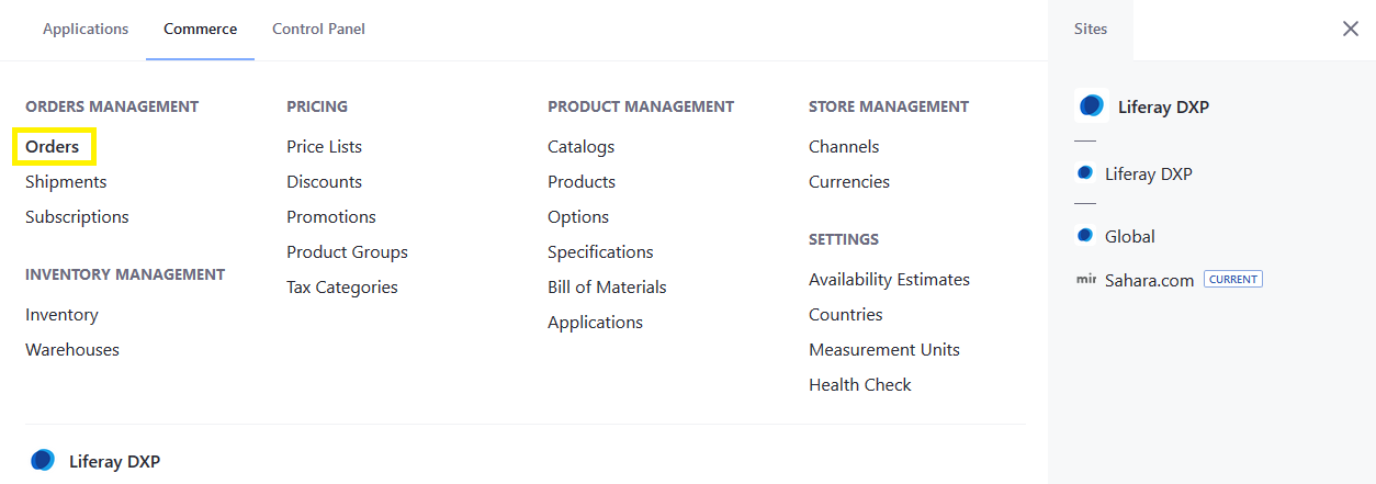 Navigate to the Orders menu in the Global Applications.