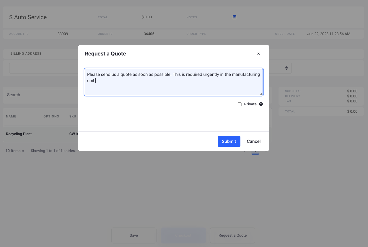 Add an optional note before requesting a quote.