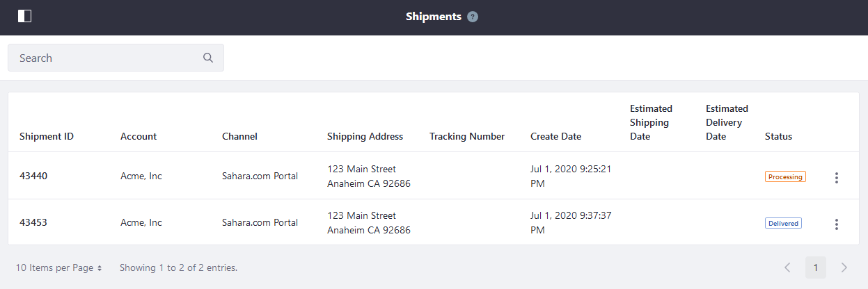 Shipments Management Overview page