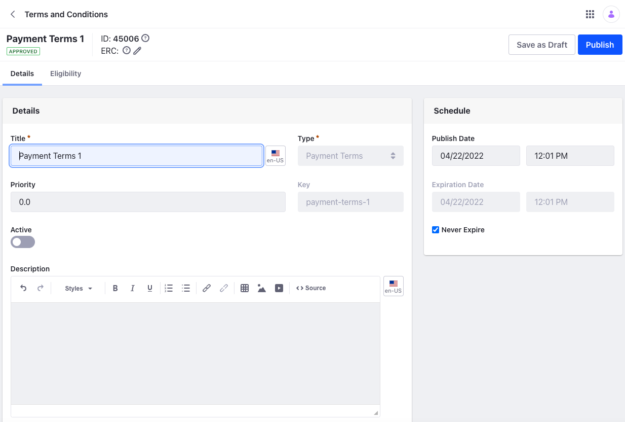 Use the editable Description text field to add the Payment Terms and use the Active toggle to enable it.