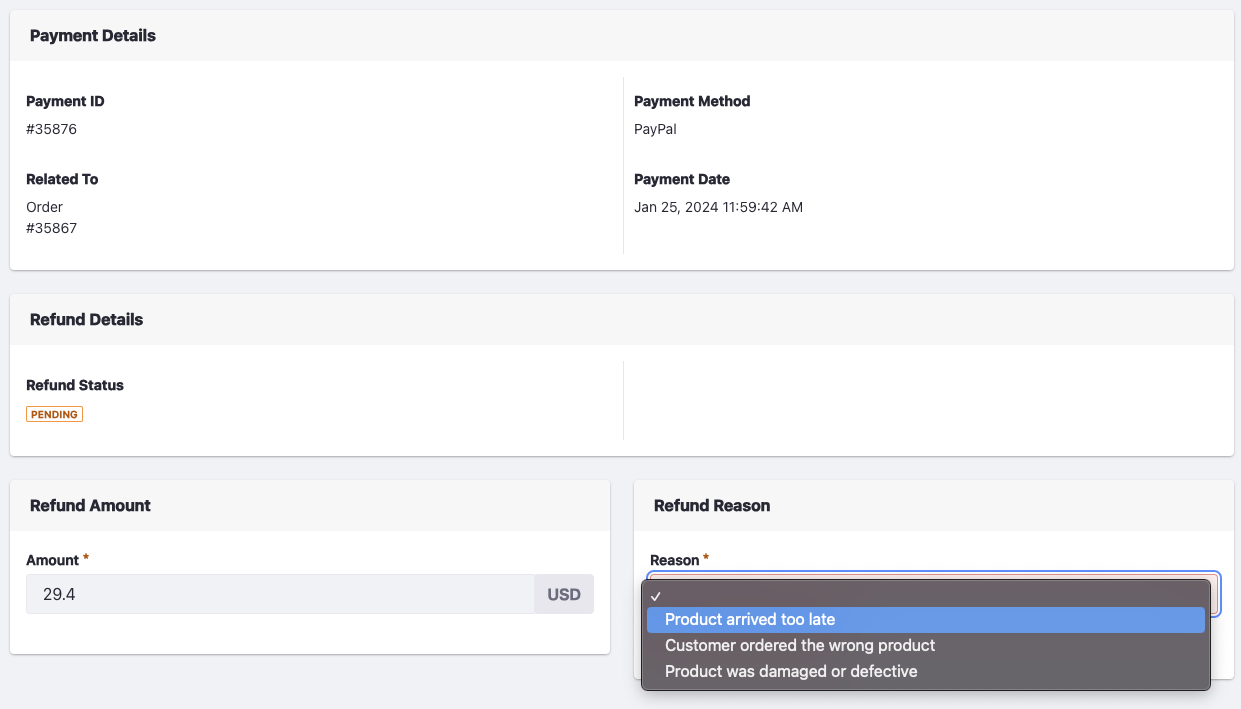 Enter the refund amount and select the reason to submit the refund.