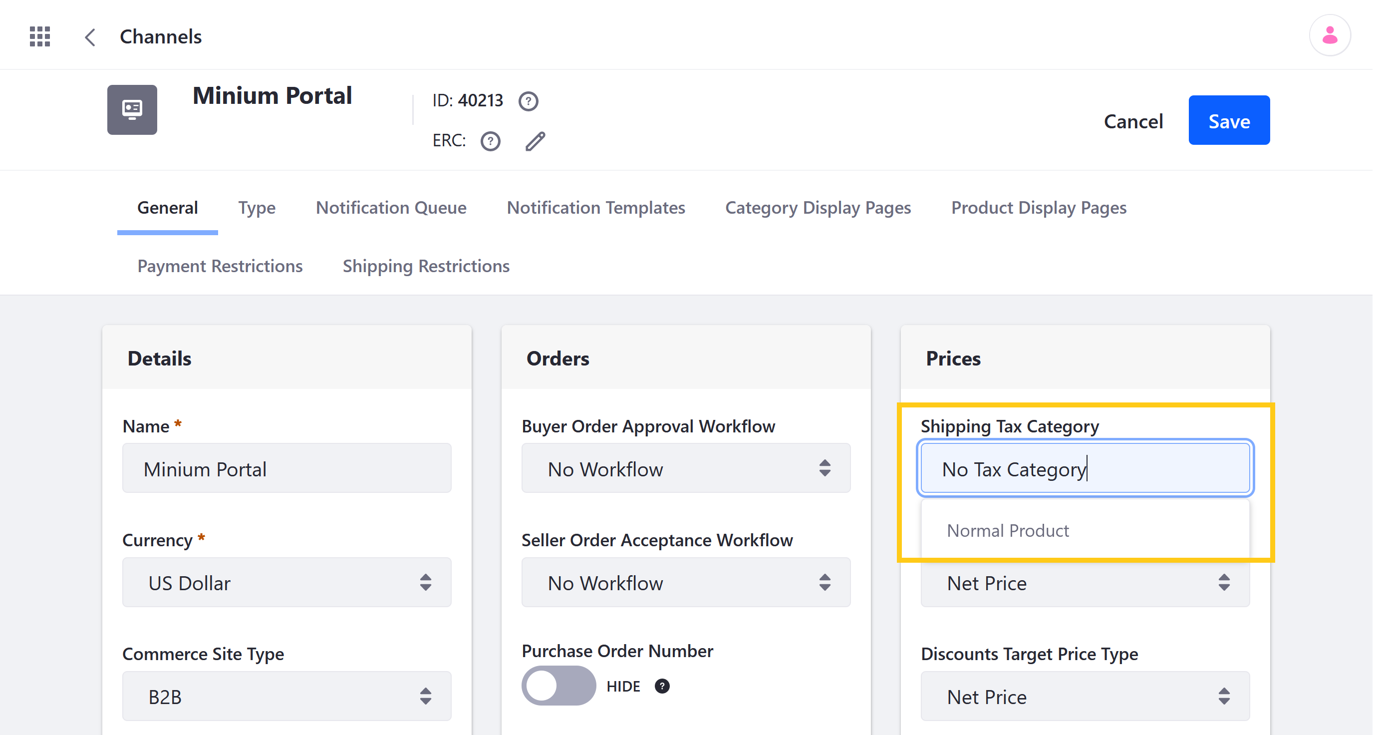 Select the Tax Category to use for shipping costs in applicable Channel orders.