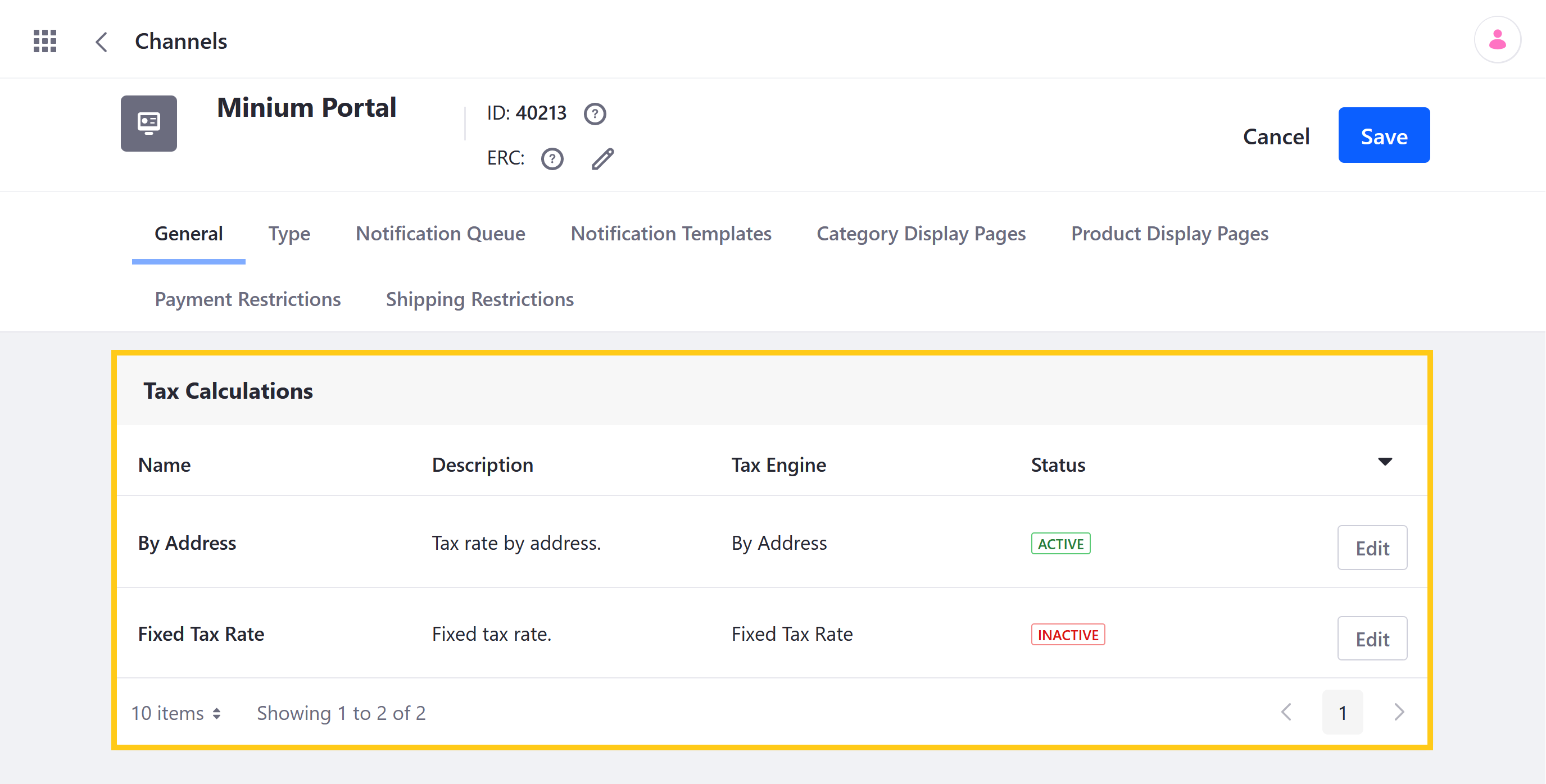 Under Tax Calculations, click Edit for the type of calculation you want to configure.