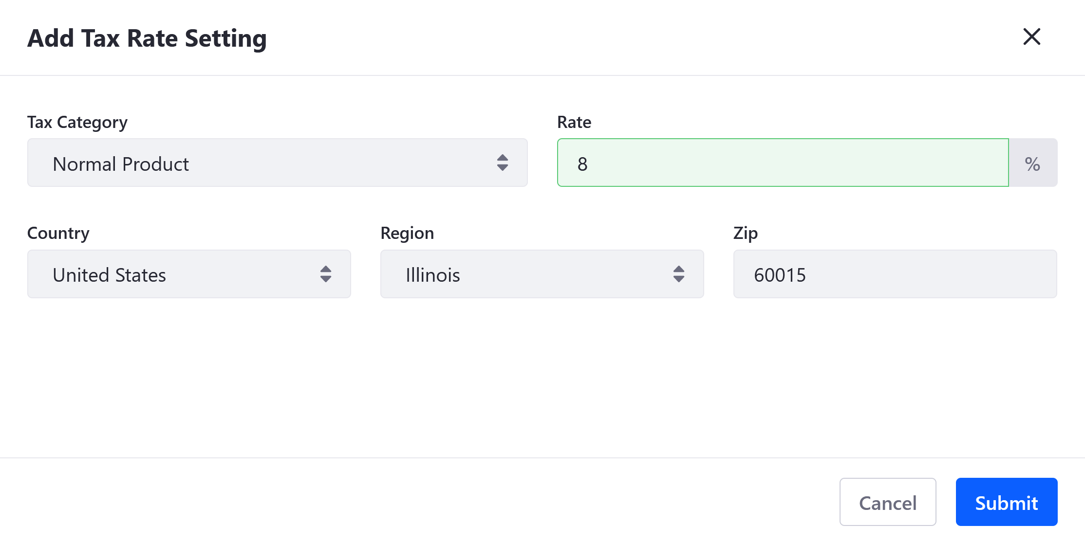 Configure the tax rate, and click Submit.